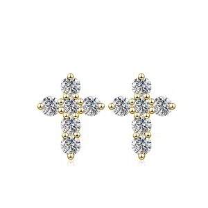 Diamond 14K Gold Plated Sterling Silver Cross Stud Earrings  Dainty  10mm